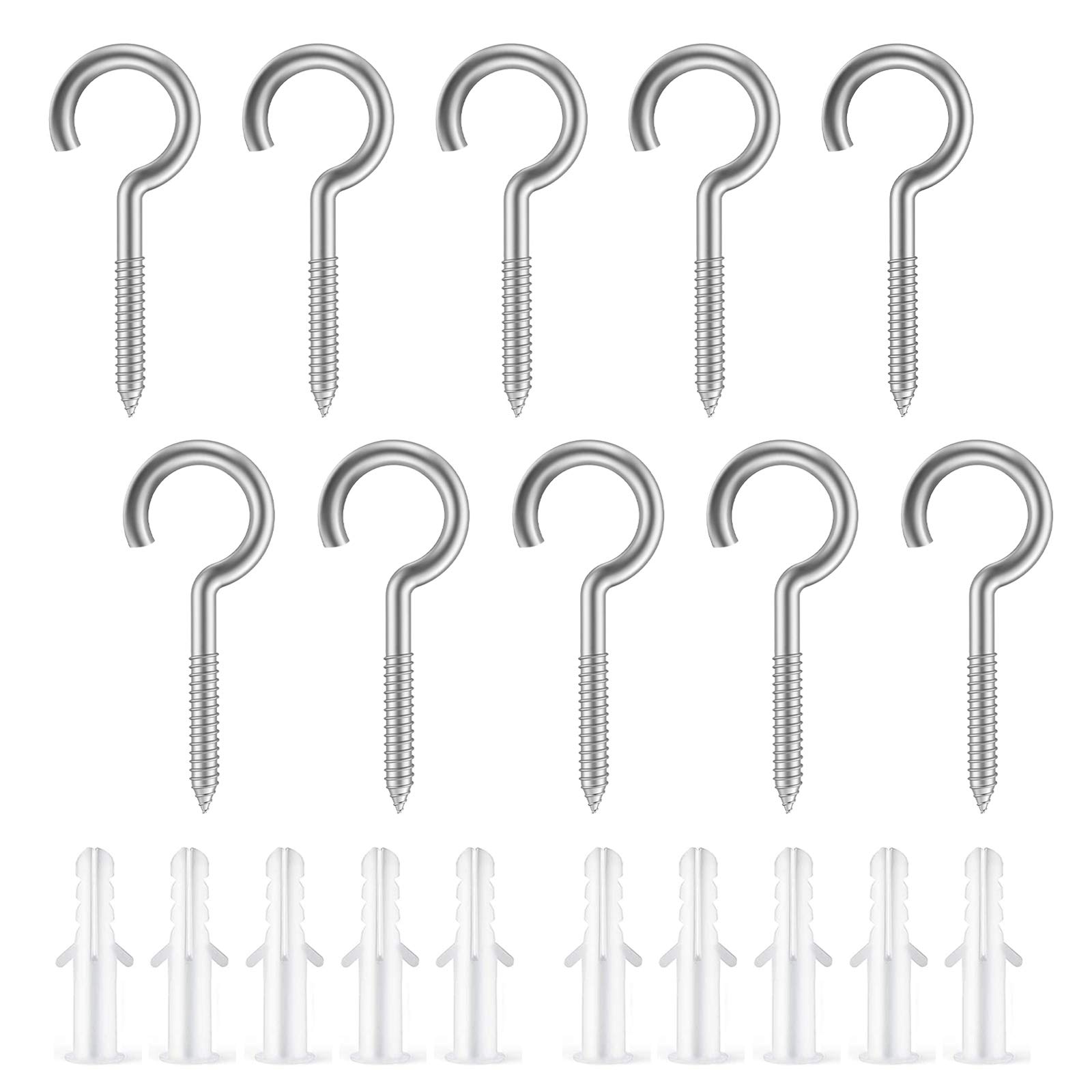 10PCS Stainless Steel Cup Hooks Screws Cup Hooks Self-Tapping Hooks Screw-in Eye Ceiling Hook Holder with 10PCS Expansion Tubes for Wood Wall Garden Chandeliers DIY Handicrafts Outdoors (4*50MM)