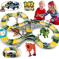 HOMOFY Dinosaur Toys 192Pcs Race Car Flexible Track, Create a Road,3 Dinosaurs,2 Cars Vehicle Playset,Perfect Birthday Toys for 3 4 5 6 Year Old Boys and Girls Kids