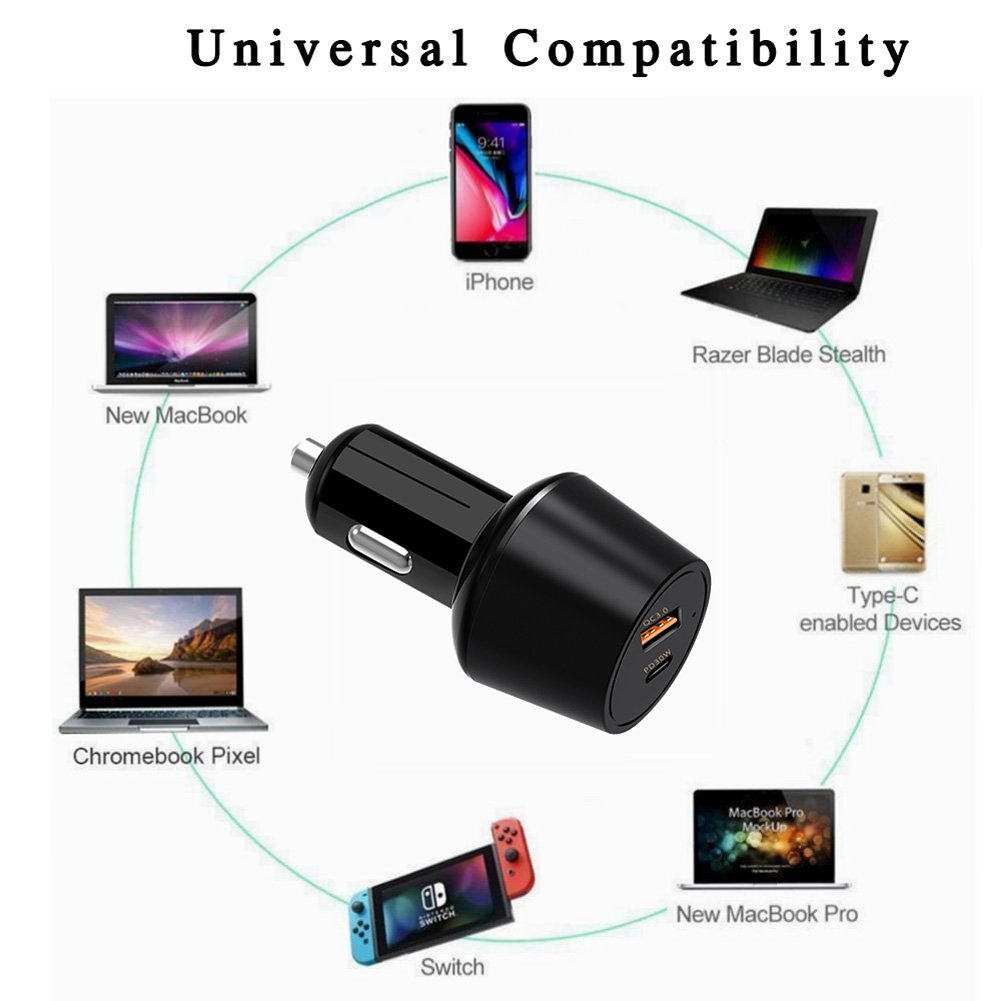 Aroc Quick Charge 3.0, USB tipo C, adattatore per auto caricabatteria da auto 48 W QC 3.0 USB-A Port + porta USB di tipo C PD 2.0 per Iphonex/8/7/6s/6s Plus Samsung Galaxy Huawei Google pixel/XL MacBook Pro (nero)