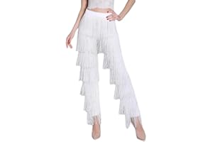 ZBH1985 Women's 7 Tier Tassel Latin Dance Pant Ballroom Dance Professional Black Adult Fringe Practice Pants