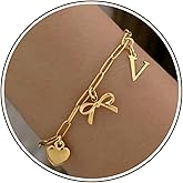 ANOBLEJRY 14K Gold Plated Bracelet for Women Simple Jewelry Initial A-Z Bracelet Dainty Chain Gifts for Women Birthday Unique Dainty Letter Charm Bracelet with Bow Back to School