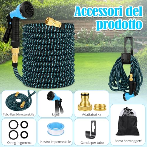 30M Extendable Flexible Garden Water Hose 8 Functions Spray Water Hose with 1/2" and 3/4" Brass Connector, Suitable for Car Wash, Garden, Lawn, Animal Baths (Blue)