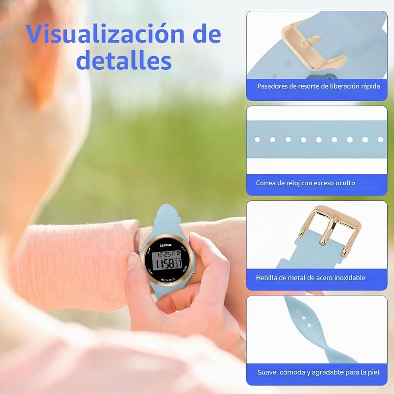 Relógio feminino com bracelete de silicone, relógios desportivos LED, relógios digitais para mulheres com mostrador luminoso, relógio de pulso exterior para raparigas (azul celeste)