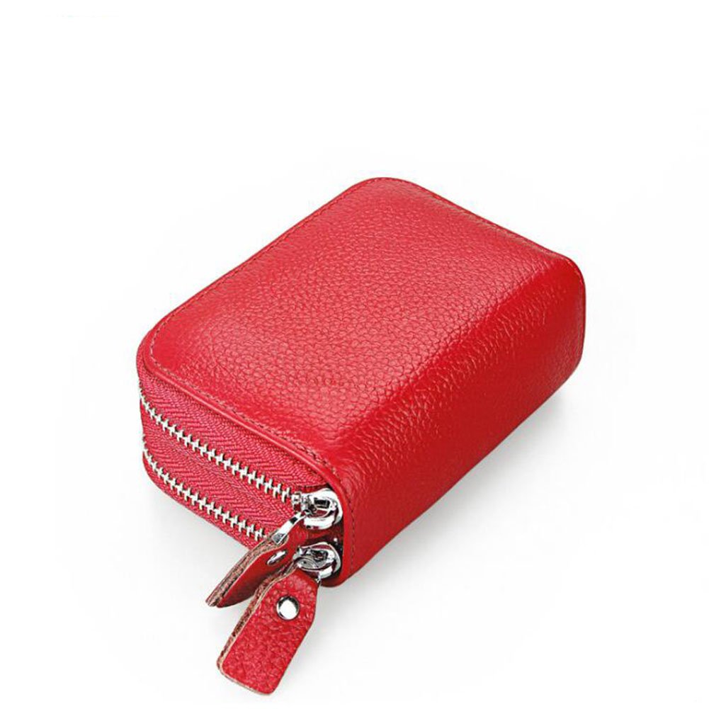 AprinCtempsD RFID Blocking Women's Credit Card Holder Genuine Leather Ladies Small Coin Purse Men's Mini Card Wallet with Double Zipper (Red)