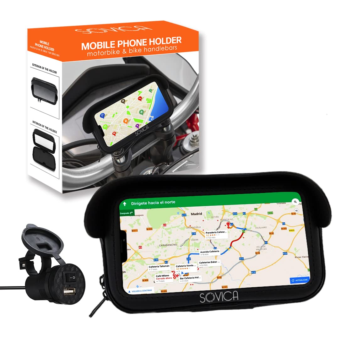 Waterproof Mobile Phone Mount with 2.1A Charger, Fast Charging, Protective Case Anti-Glare Visor, Suitable for Smartphones up to 7.2 Inches Clamping to Handlebars, Double Screw Rain Lining