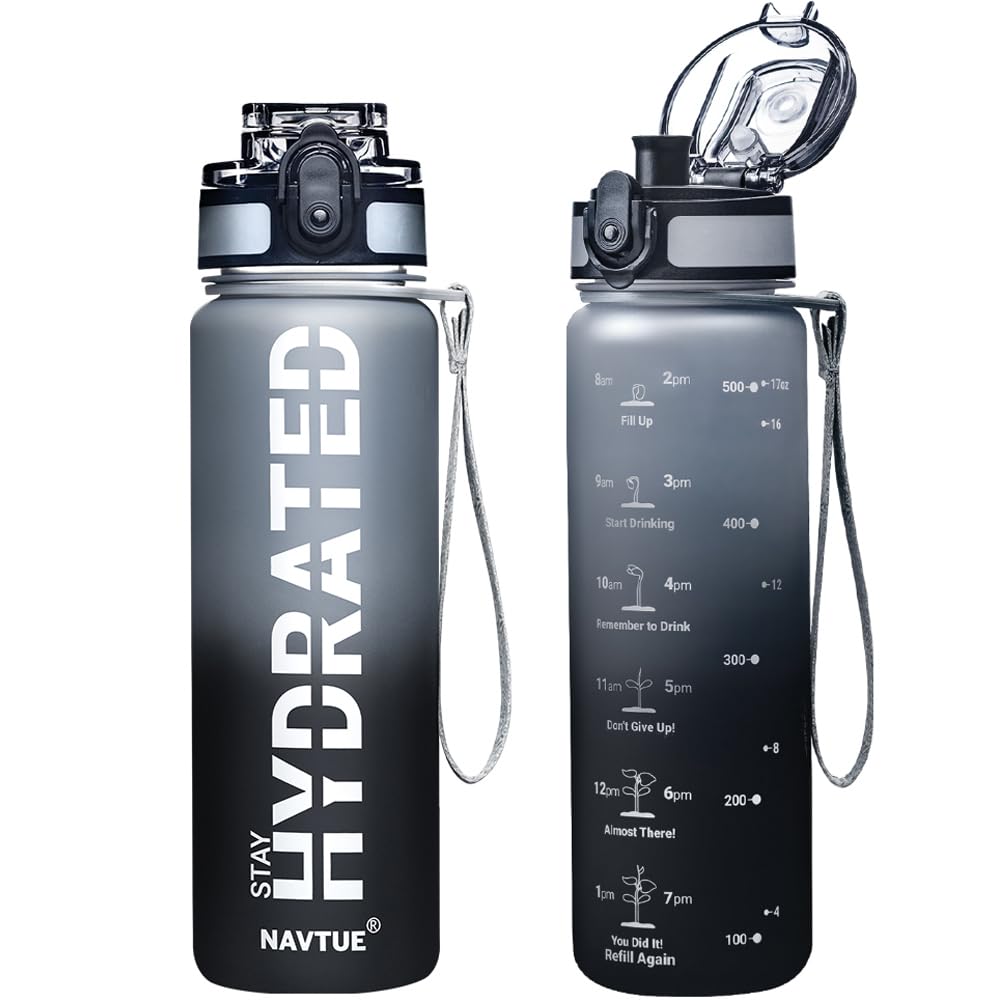 Photo 1 of NAVTUE Water Bottle, 16oz Sports Water Bottles with Time Marker Wide Mouth, Motivational and Leakproof Drink Bottle, BPA Free Tritan with Carry Strap for Gym Fitness Outdoor(Direct Drink)