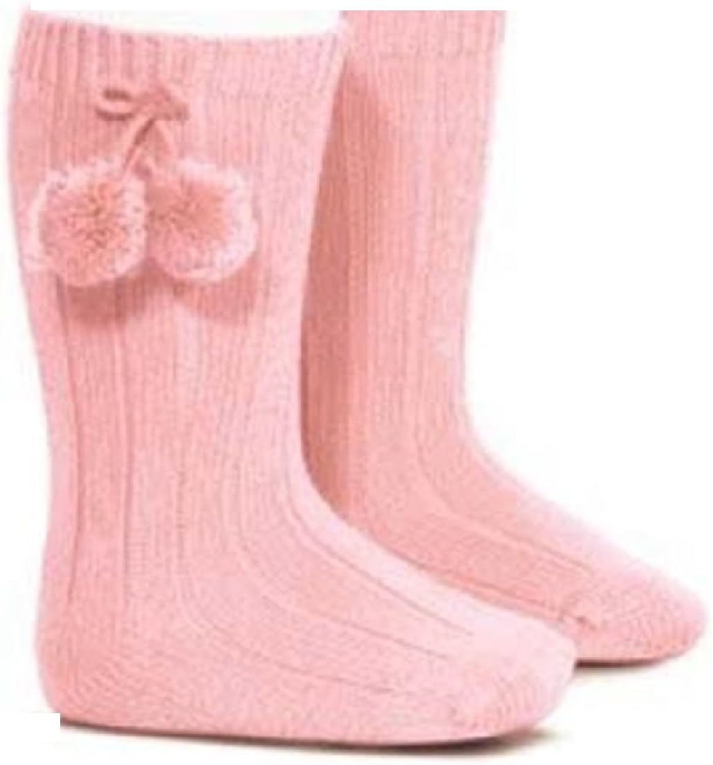 Baby Girls Cute Knee High Pom Pom Pink Ribbed Socks (Baby)