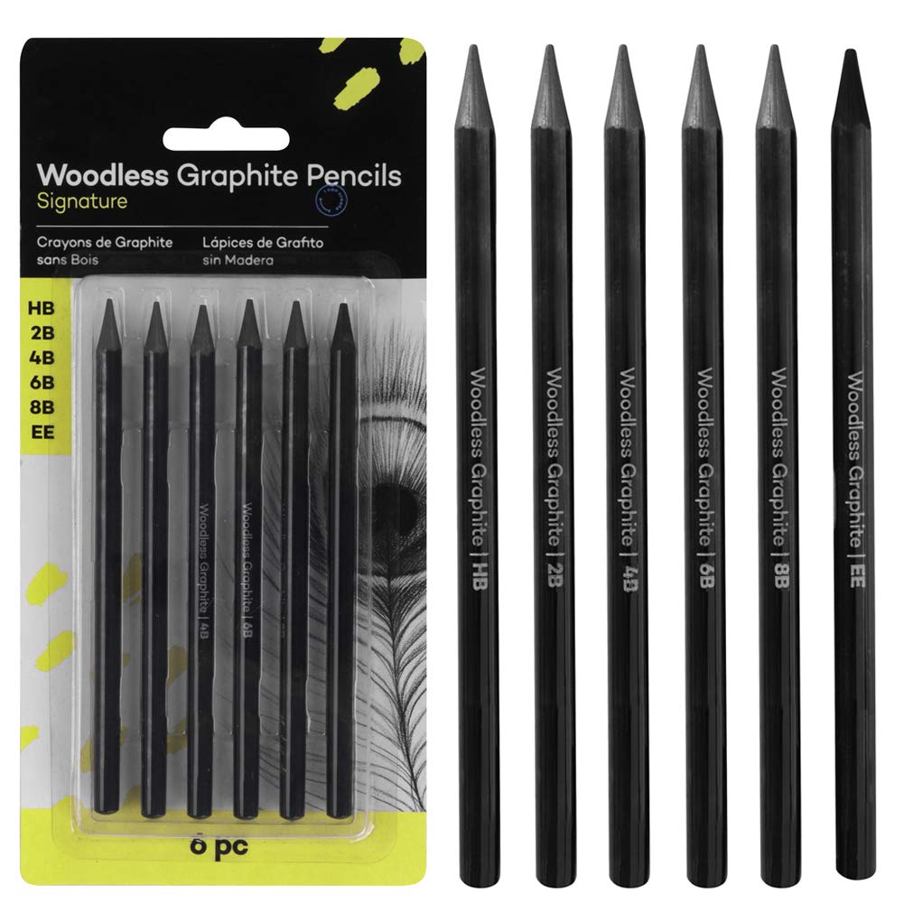 Woodless Charcoal Pencils Set,6 Pcs Professional Pure Carbon Sketch Pens Assorted HB 2B 4B 6B 8B EE Pencil for Drawing Sketching Painting Students Artist Beginners Kids