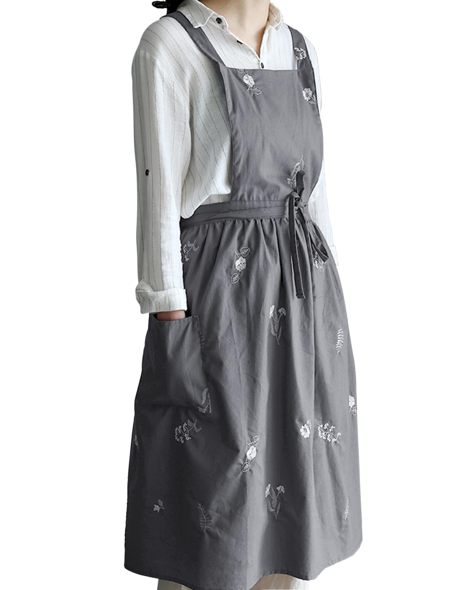 Small SnailWomen Cross Back Cotton Pinafore Apron, Japanese Style Floral Sleeveless Apron with Pockets, Waterproof Breathable for Baking, Pottery, Flower Shop, Crafting, Kitchen & Gardening