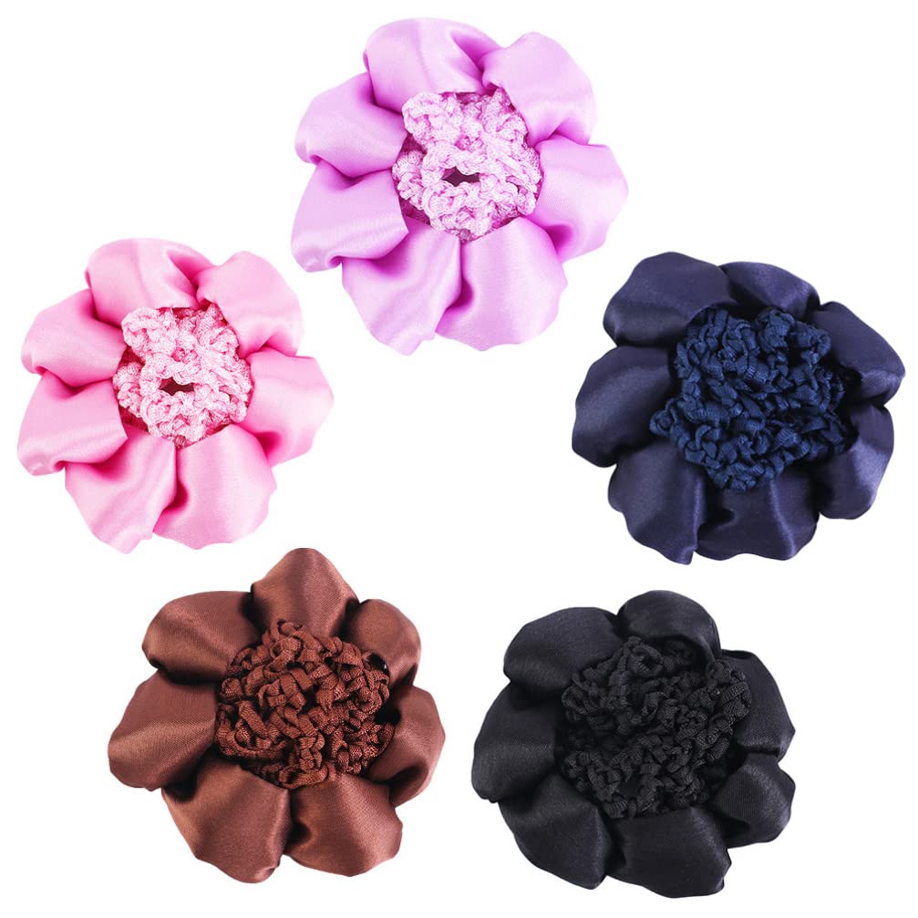 5pcs Bun Cover Flower Snood Hair Net Skating Bun Cover Elastic Band Hair Net Hair Bun Holder Net Hair Accessories for Bank Clerk Dancer Mixed Color