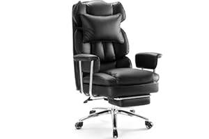 Sweetcrispy Executive Home Office Desk Chair - Ergonomic Big Tall High Back with Footrest & Lumbar Support, Reclining Height Adjustable, Comfy PU Leather Computer Gaming with Swivel Wheels, Black