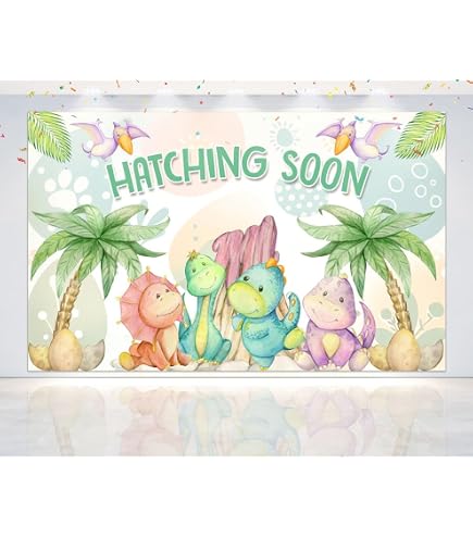 Avezano Hatching Soon Dinosaur Backdrop Banner - 6x3.6ft Watercolor Dino Baby Shower Decor - View #2