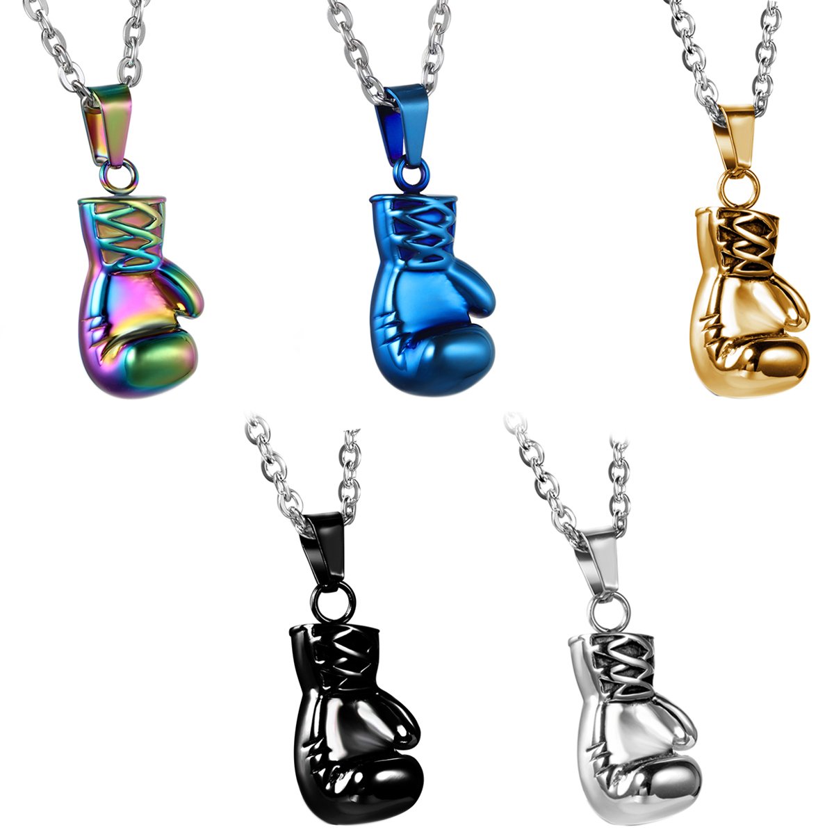 JewelryWe Birthday Gift for Men, 5PCS Stainless Steel Mens Boxing Glove Pendant Necklaces with 22 inch Chains, 5 Colors Included