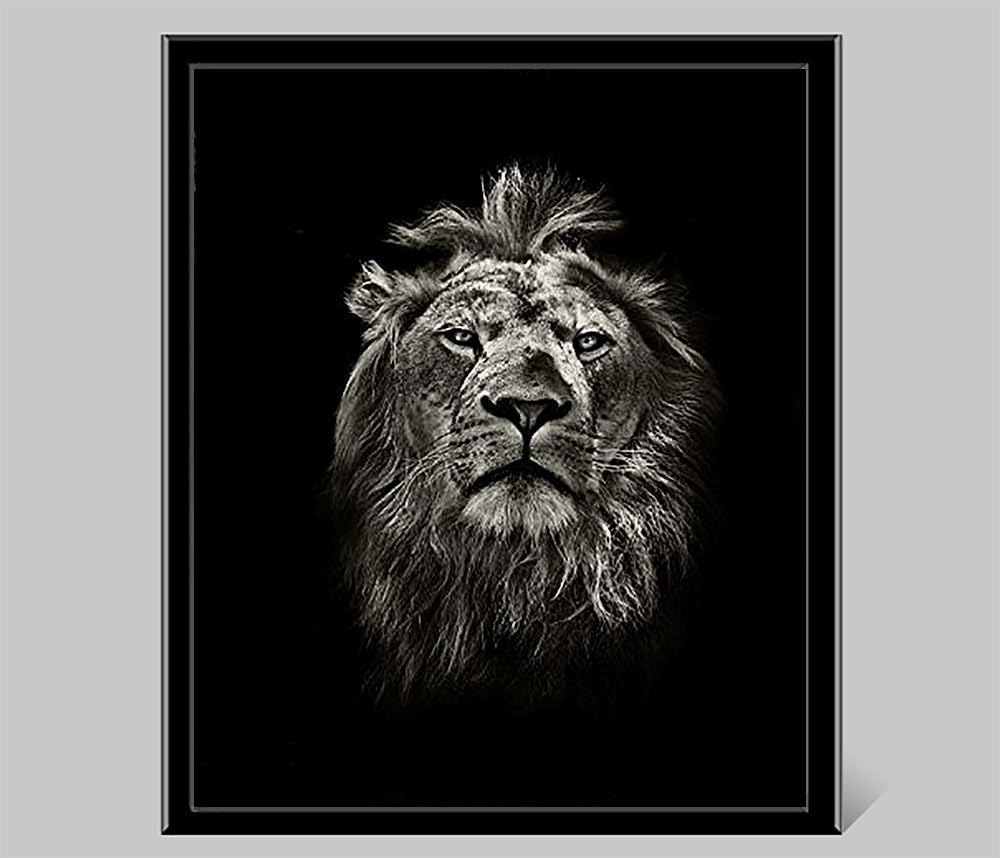 Black White Lion Painting Framed, Wall Art on Canvas Animal Picture Printed Posters and Prints for Living Room Home Decor Ready to Hang (20 x 24 inches)