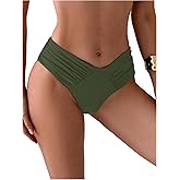 GORGLITTER Women's Ruched Cheeky Bikini Bottom High Waisted V Cut Thong Swimsuits Bathing Suit Bottoms Beach Swim Wear