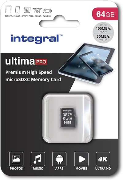 Integral 64GB microSD Card Premium High Speed 4K UHS-I U3 A1