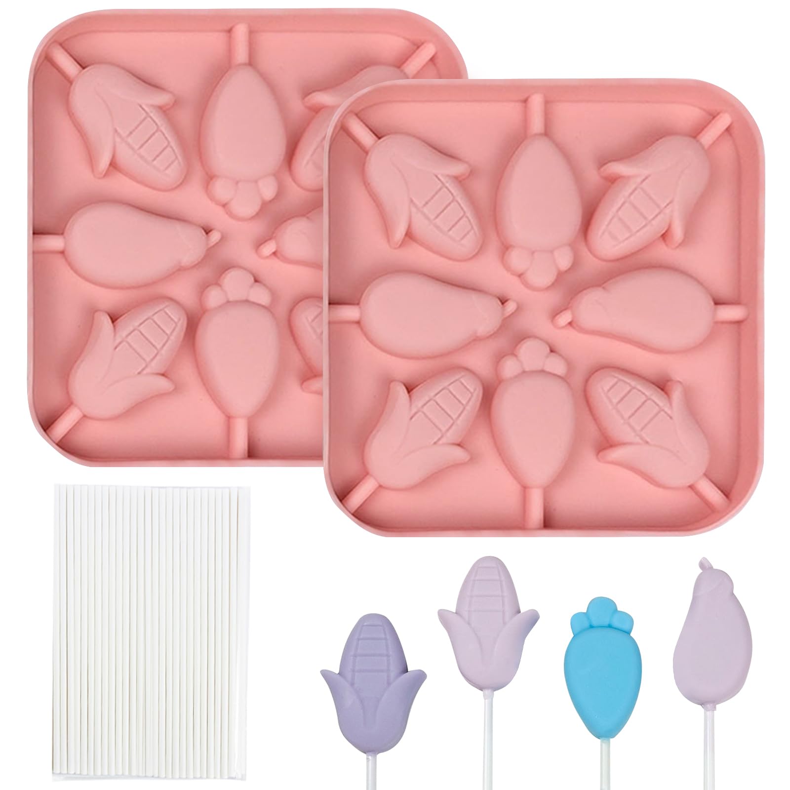 BFJ Carrot Lollipop Mould 2 pcs Silicone Easter Chocolate Moulds Corn Carrot Eggplant Shape 8 Cavity Silicone Lolly Candy Mold with 25 Sticks