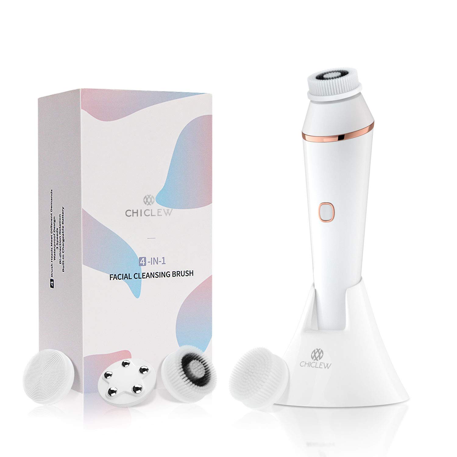 Rechargeable Facial Cleansing Brush, Waterproof Face Brush Electric with 3 Speed, Electronic Face Spin Brush Set with 4 brush heads for Gentle Exfoliating, Deep Cleansing and Face Massage (White)