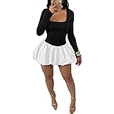 Vakkest Women's Square Neck Mini Bubble Dress Long Sleeve Cute Elegant Patchwork Cocktail Party Y2k Clubwear Dresses