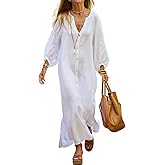 chouyatou Women Summer Long Sleeve Notch Neck Maxi Linen Shirt Dress Loose Button Down Tunic Shift Dress