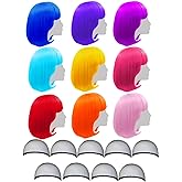 LIULIUBTY 9 Pieces Short Bob Hair Wigs 12" Straight with Flat Bangs Synthetic Fluorescence Colorful Cosplay Daily Party Costume Wigs for Women with Wig Cap