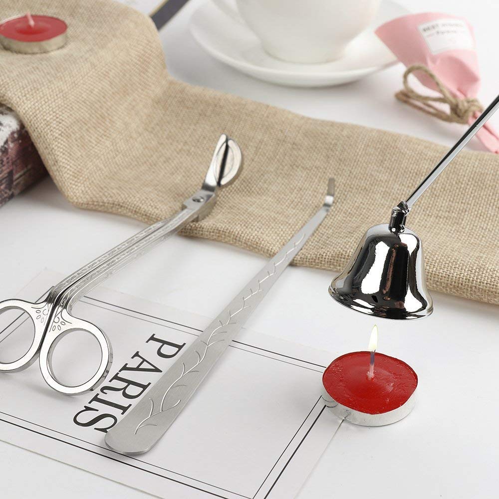 Queta Candle Wick Trimmer,Wick Dipper and Wick Cutter,Bell Snuffer Candle Care Kit Accessories Candle Cover Tool Stainless Steel (Silver 3PCS)