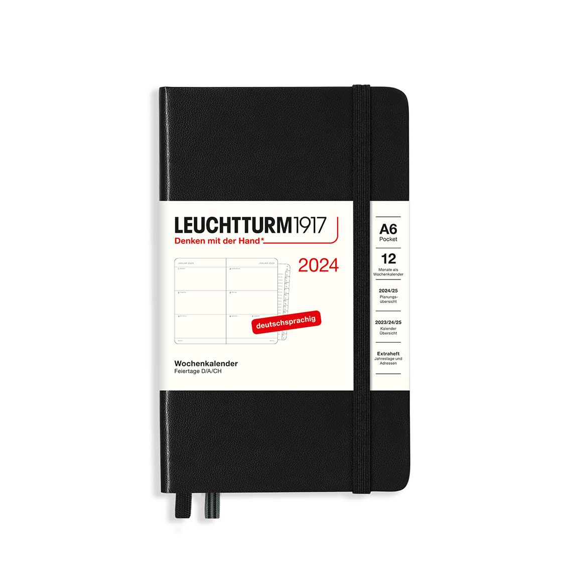LEUCHTTURM1917 367637 Pocket A6 Weekly Calendar 2024 with Extra Book for Addresses and Anniversaries, Black, German, 12 Months