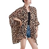 Women's Loose Print Sheer Chiffon Kimono Beach Swim Cover up Cardigan Capes Blouse Tops