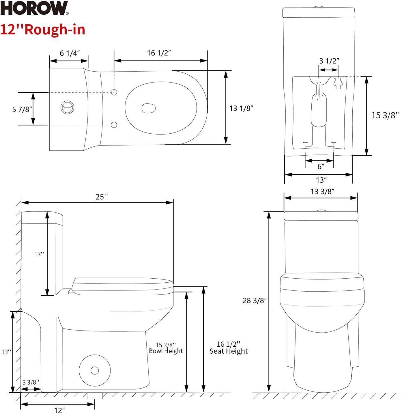 HOROW HWMT-8733/HT1000 Small 1-Piece Toilet Short Compact Bathroom Tiny Mini Commode Water Closet Dual Flush Concealed Trapway Seat Included - - 