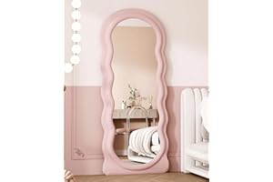 Otlsh Wavy Floor Mirror, 63" x 24" Full Length Mirror with Stand, Irregular Wavy Mirror, Wave Pattern, Flannel, Standing Mirror, Large Wall Mirror, Freestanding, Pink