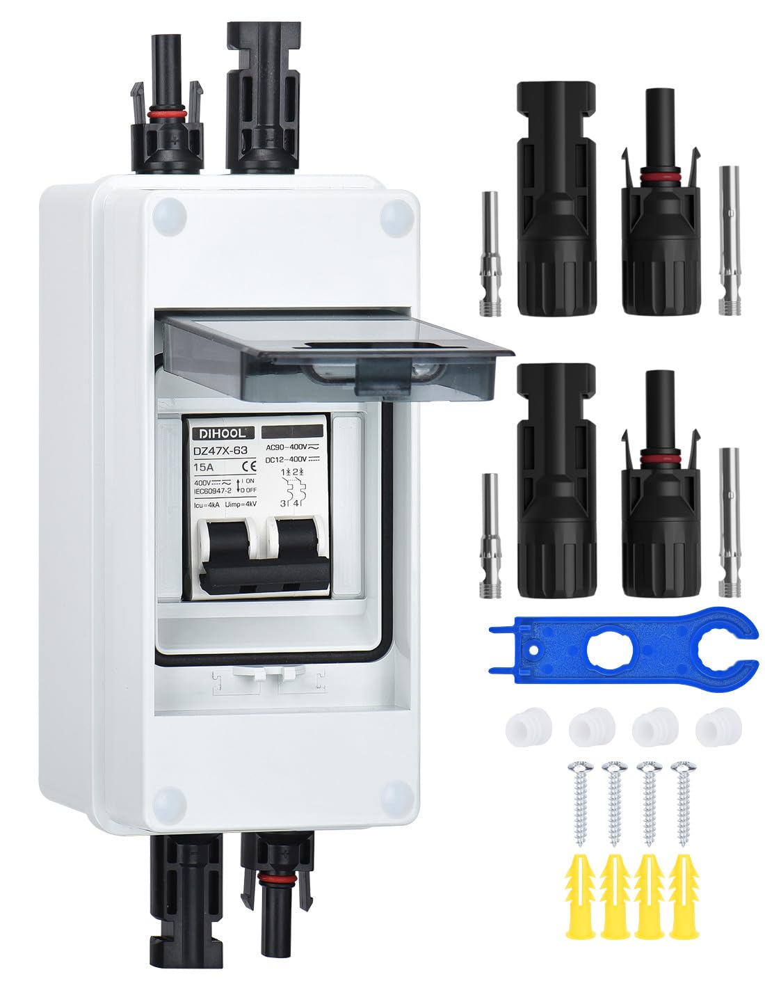 DIHOOL DC Circuit Breaker PV System Circuit Breaker Fuse Automatic 2-Pole 15A 12V (12V-400V) With Cable Solar Plug IP65 Waterproof Enclosure