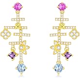 Vintage Dainty Multi Colorful Round Cubic Zirconia Dangle Earrings Gold Plated for Women Sterling Silver Studs Pink Purple Light Blue CZ Flower Western Jewelry