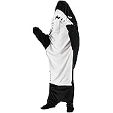 ZPECC Shark Blanket Onesie Hoodie - Wearable Shark Costume Pajamas with Fins, Cozy Flannel Animal Blanket for White Elephant Gift Movie Night Party (Black,L)