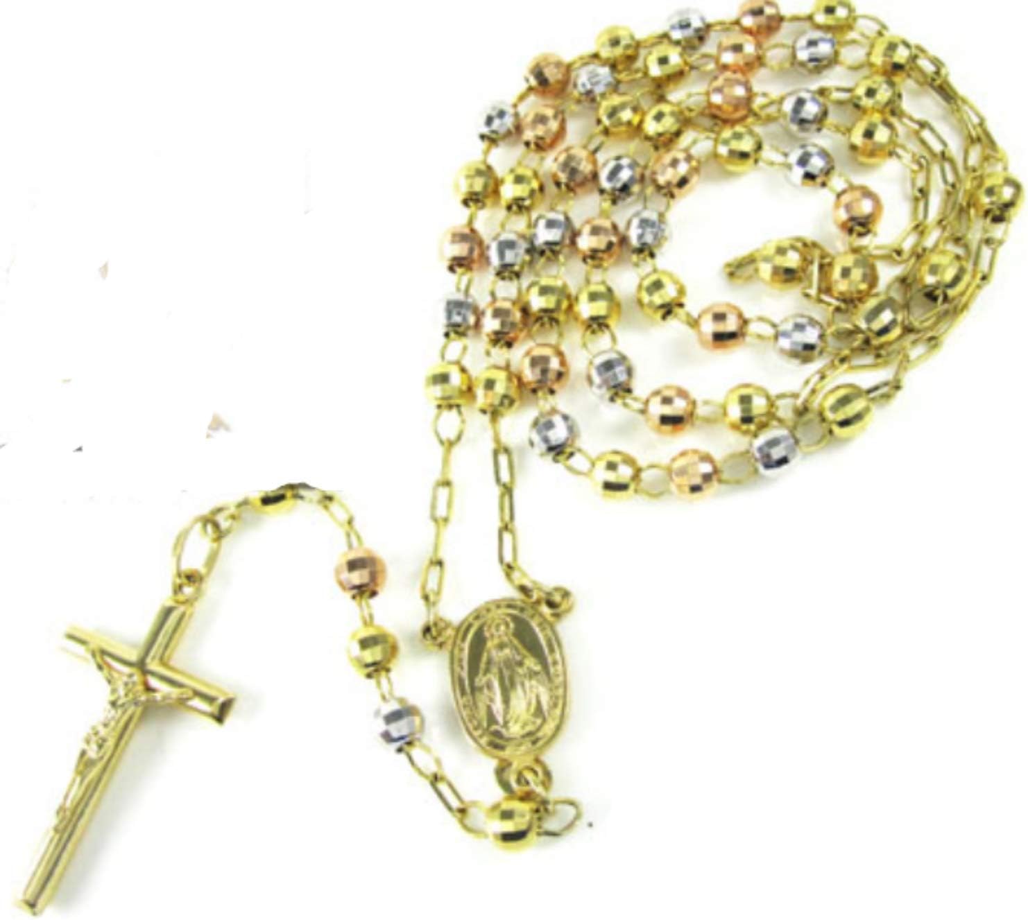 14k Yellow+White+Rose Gold Diamond Cut Catholic Rosary Prayer Beads Necklace