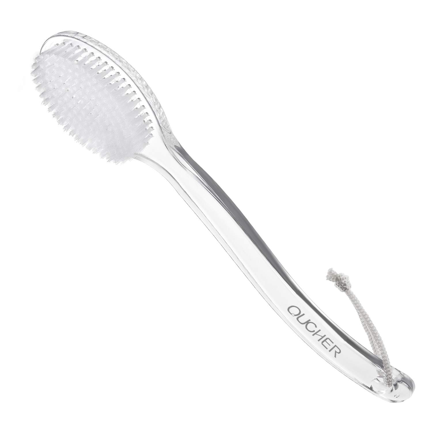QUCHER Comfortable Long-Handled Shower Brush, Soft Nylon Body Brush, Gentle Exfoliation and Improved Skin Health, Suitable for Men and Women (Transparent Handle)