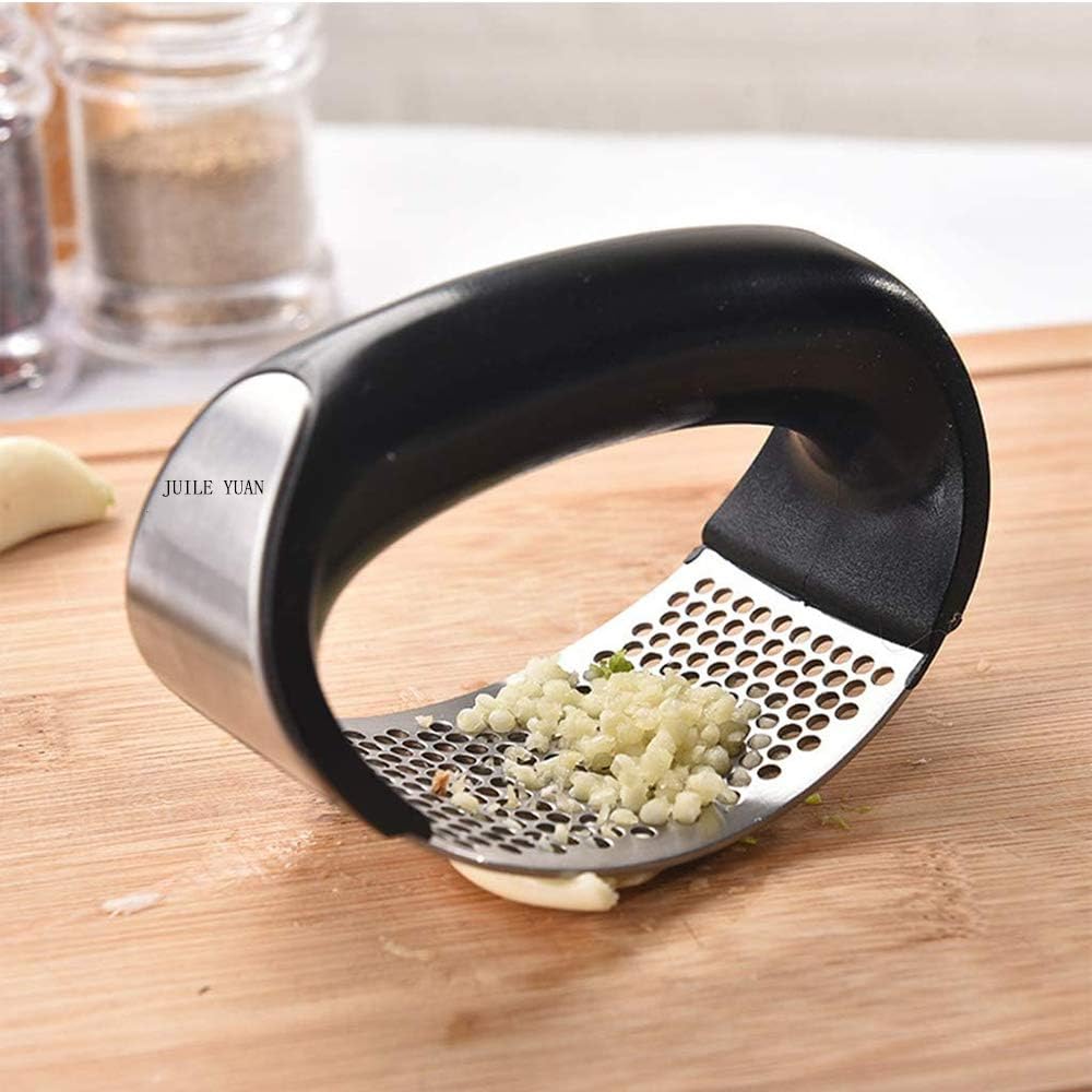 Professional Food Prep Grade Garlic Press Rocker - Stainless Steel Garlic Mincer Crusher and Peeler Gadget with Ergonomic handle (black)