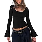 Women Y2k Long Bell Sleeve Shirt Square Neck Double Lined Crop Blouse Lace Patchwork Slim Fit Tops