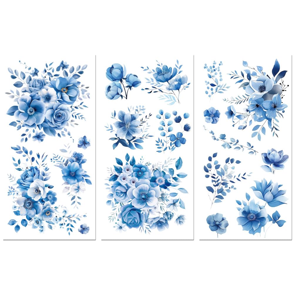 Peacoblue Rub on Transfer Decals for Furniture Crafts Decor 6"x12", 3Pcs Blue Flowers Waterproof UV DTF Transfer Decals Sticker for Dresser Lingerie Chests Drawer Glass Porcelain Wood Plastic