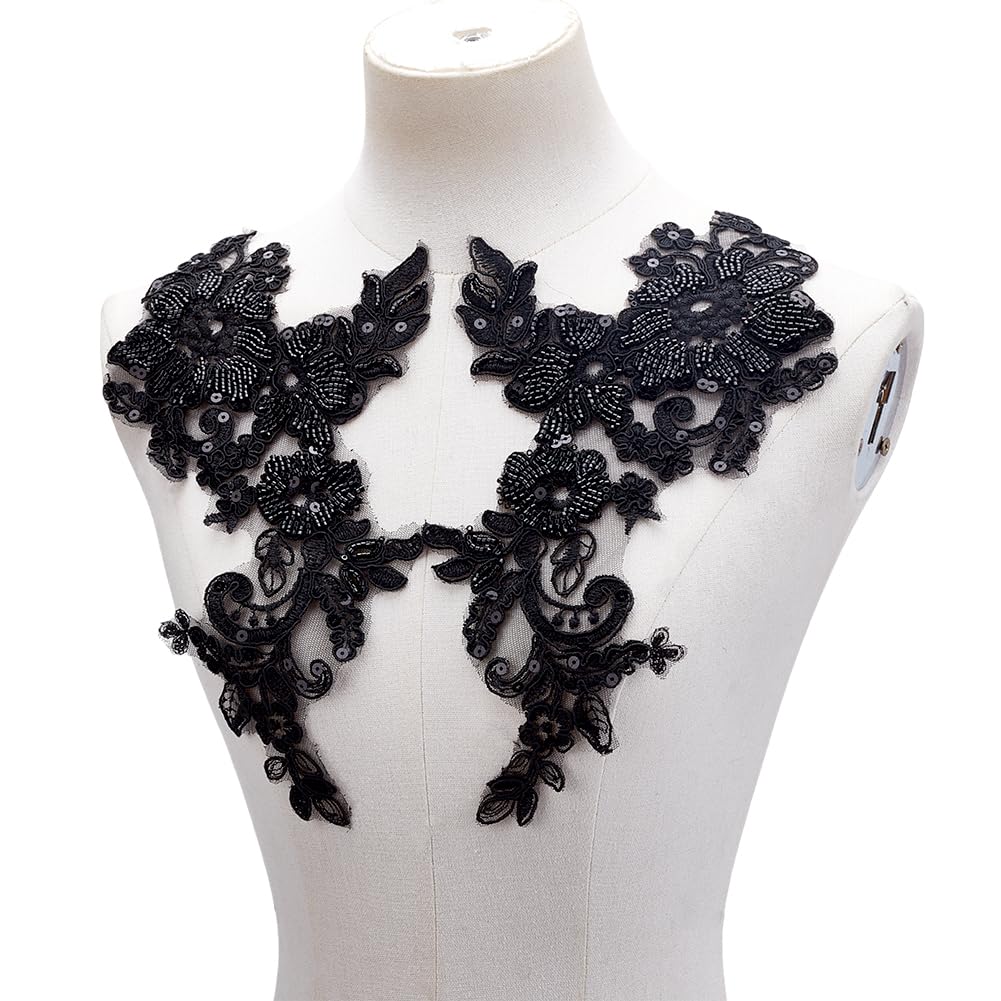 HOBBIESAY 2 Pair Beaded Embroidery Lace Appliques Black Floral Patch Sewing Craft Decoration Appliques Repair Patches for Wedding Dress Gown Bodice Costume Clothing Craft DIY