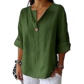 TERIVEEK Summer Linen Shirts for Women Button Down V Neck 3/4 Sleeve T-Shirt Blouse Casual Loose Basic Solid Tunic Tops 2025