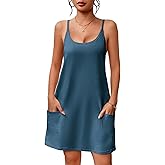 Ekouaer Nightgowns for Women Cotton Sleepwear Adjustable Spaghetti Strap Sleepshirt Racerback Sleep Dress with Pockets Blue Green L