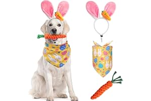 TEALOTS Dog Easter Bunny Costume, Pet Rabbit Ears Headband, Puppy Egg Bandana, Funny Carrot Dog Toy Set, Teeth Cleaning Dog Chew Toys Gifts Easter Dog Costumes Party Apparel Accessory Headwear