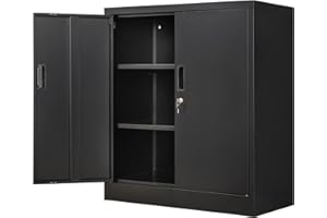 Wanfu Metal Storage Cabinet, 36" H Locking Storage Cabinet with 2 Adjustable Shelves, Metal Cabinets for Garage, Home, Office, Utility Room-Black