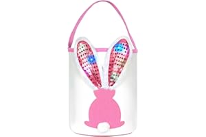HONGSOME Easter Bunny Baskets with Lights for Baby Girls,Large Pink Kids Easter Bucket Tote with Light up Rabbit Ears for Spring Egg Hunts Party Storage