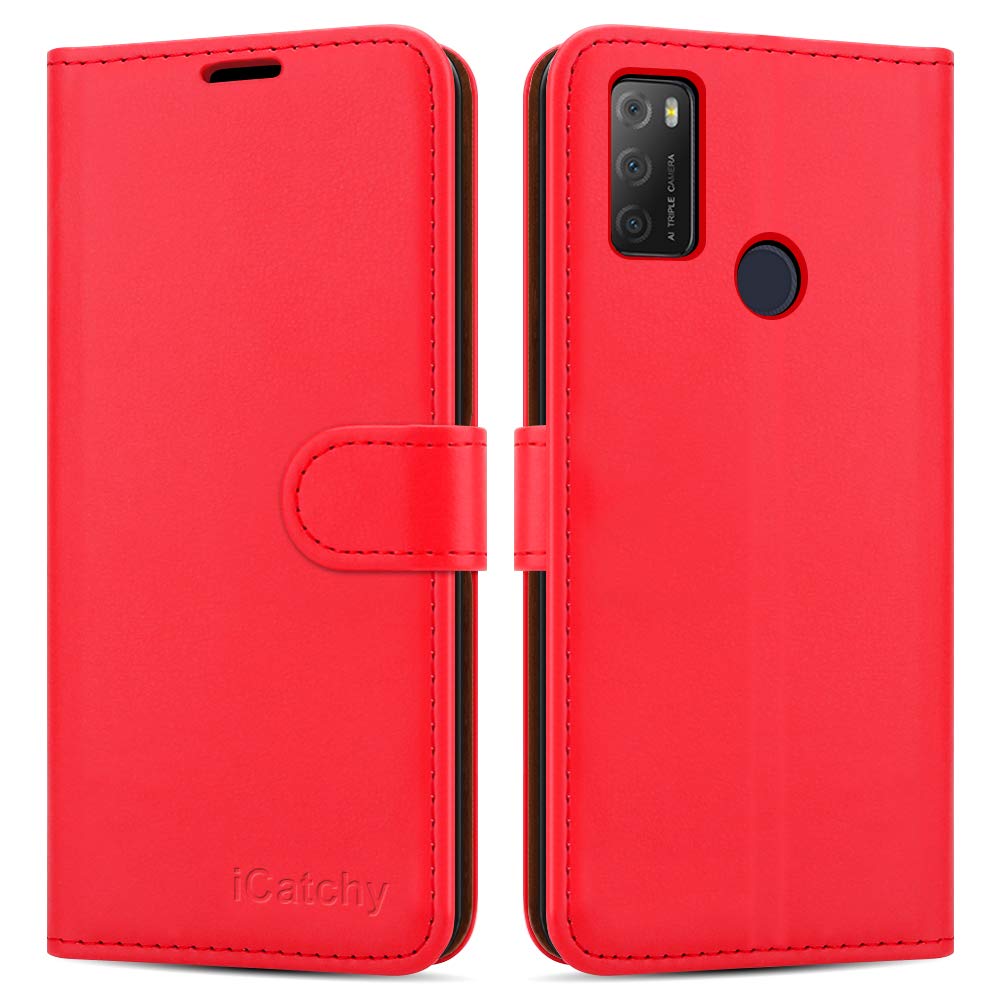 iCatchy For Alcatel 1S / 3L 2021 Case Leather Wallet Book Flip Folio Stand View Cover Compatible with Alcatel 1S / 3L 2021 Phone Cover (Red)
