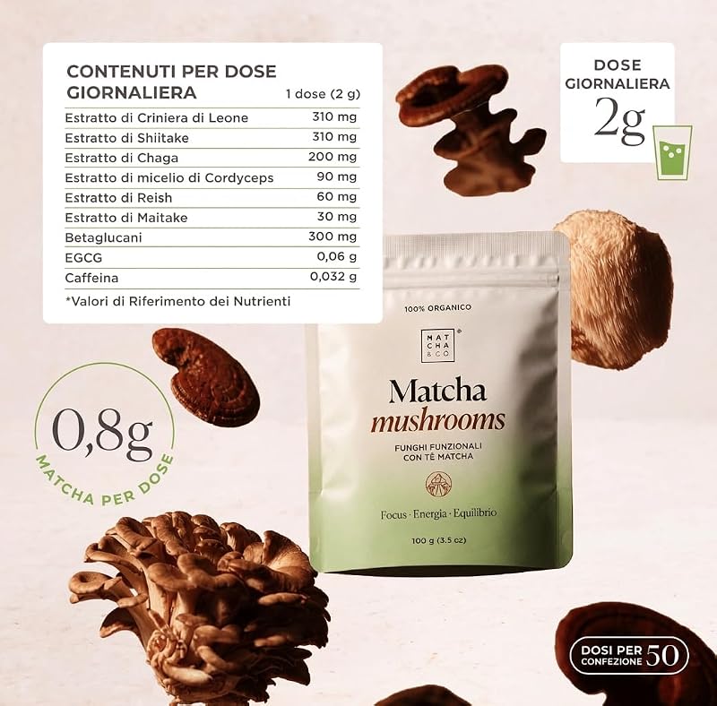 - Matcha Mushrooms Bio (100g) – Tè Matcha Cerimoniale del Giappone con 6 Funghi Funzionali (Criniera di Leone, Reishi, Chaga, Cordyceps, Shiitake, Maitake) – Focus · Energy · Balance