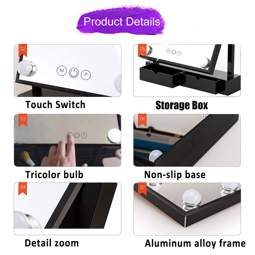 Hollywood Lighted Vanity Makeup Mirror,Light-up Professional Mirror with storage,Multiple Color Modes, Large Cosmetic Mirror with 12 Dimmable Bulbs for Dressing Table