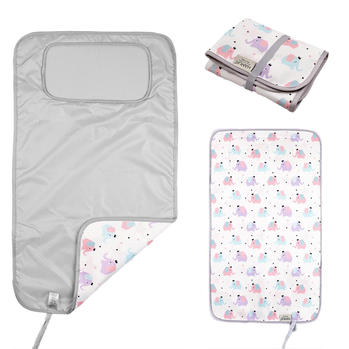 HAMUR HOME Premium Foldable Changing Mat Waterproof 40 x 70cm Non-Toxic Reusable Baby Changing Mat Travel, Toddler Diaper Changing Mats, Machine Washable (Elephant)