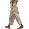 Puimentiua Women's Linen Capri Pants with Drawstring Petite Summer Beachwear Lightweight Elastic Waist Pants