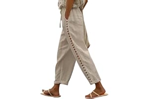 Puimentiua Women's Linen Capri Pants with Drawstring Petite Summer Beachwear Lightweight Elastic Waist Pants